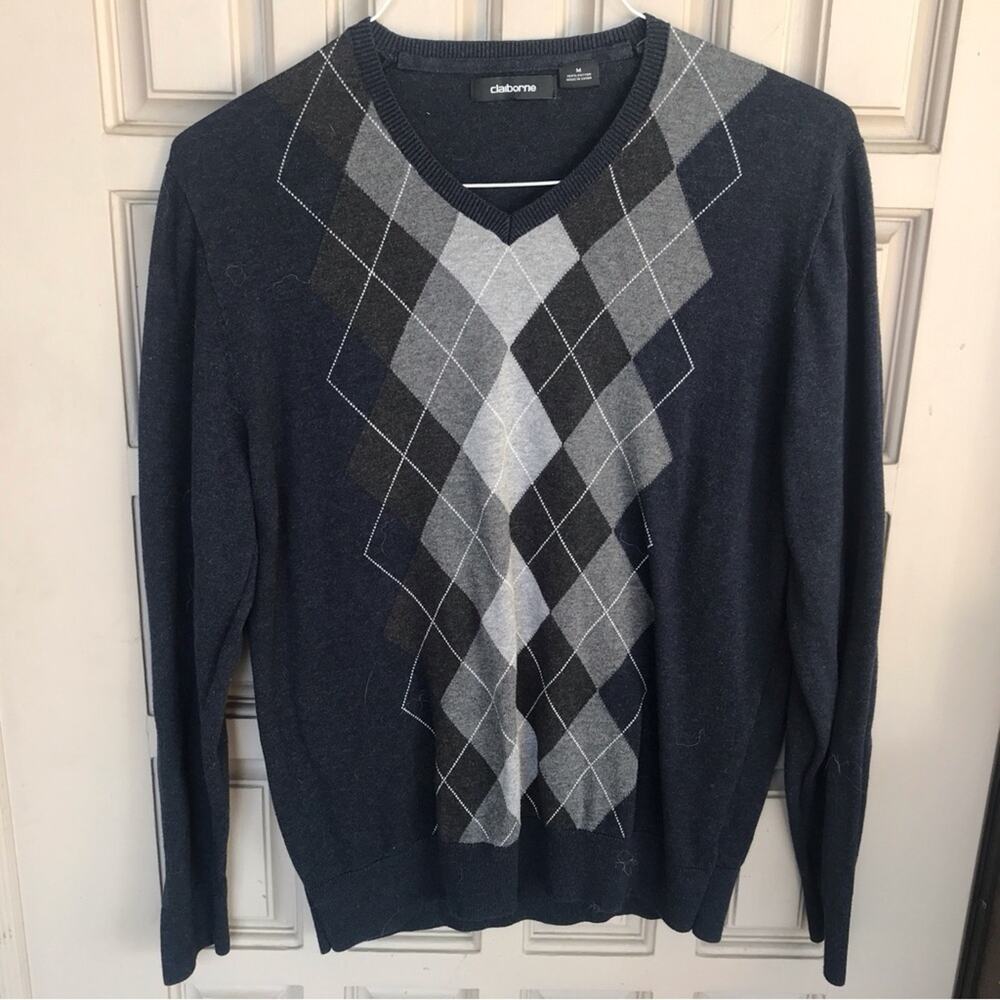 Claiborne Ladies Argyle Sweater Gray SzM Long Sleeves 100% Cotton
